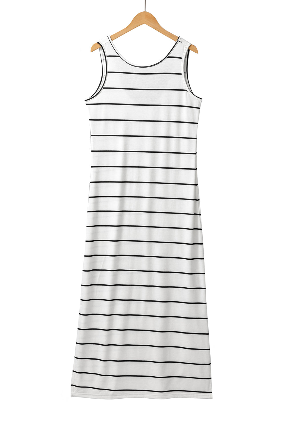 Weißes, gestreiftes, ärmelloses maxikleid mit schlitzen und offenem rücken