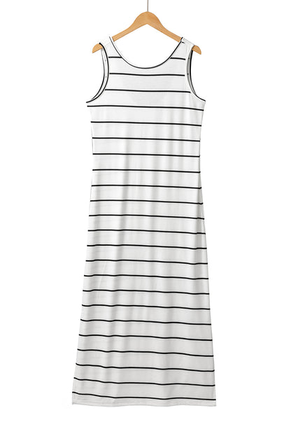 Weißes, gestreiftes, ärmelloses maxikleid mit schlitzen und offenem rücken