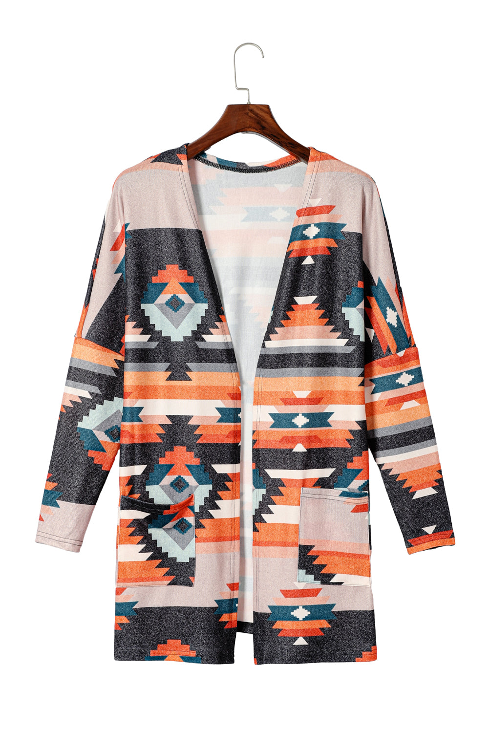 Orangefarbene strickjacke mit aztekischem stammesmuster