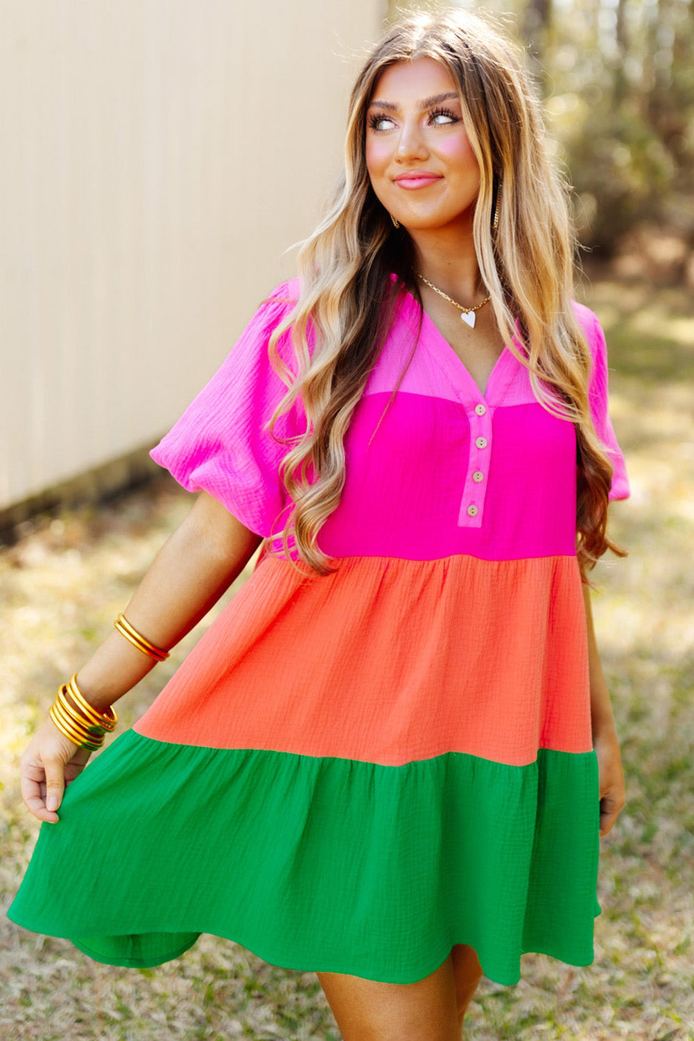 Multicolor color block tiered puff sleeve kleid