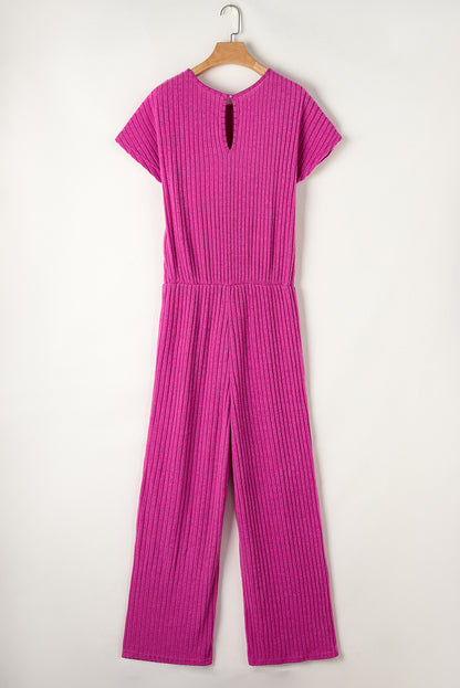Rose rot volltonfarbe gerippt kurzarm weites bein jumpsuit
