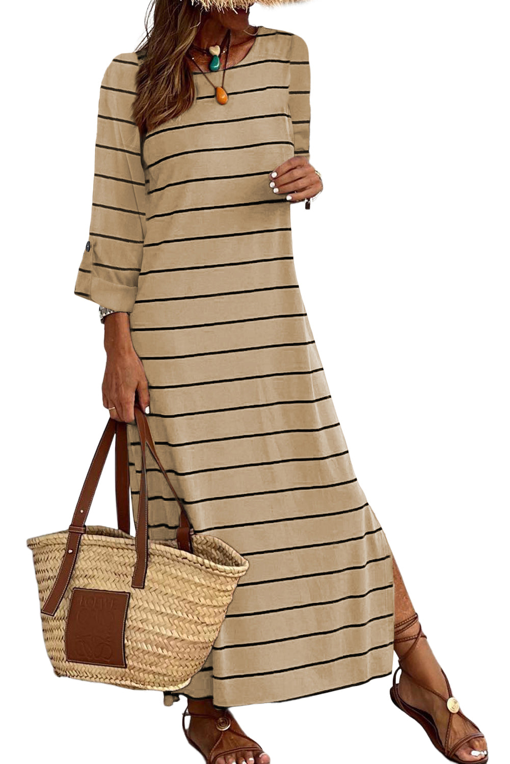 Apricot Gestreiftes Lässig geschlitztes langes Kleid