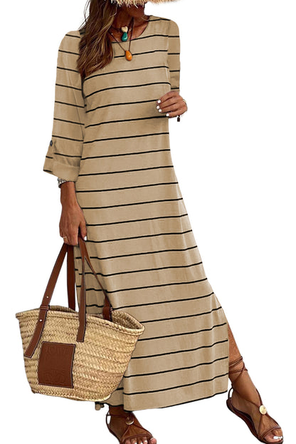 Apricot Gestreiftes Lässig geschlitztes langes Kleid