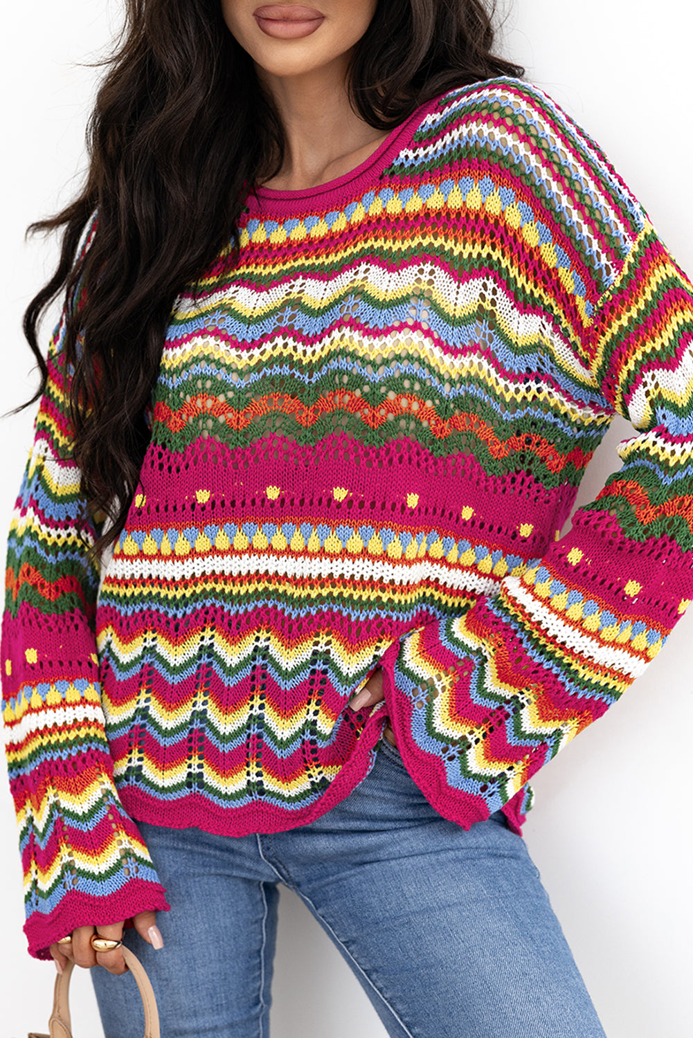 Rosenroter colorblock gestreifter strickpullover mit losen ärmeln