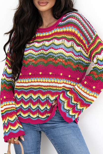 Rosenroter colorblock gestreifter strickpullover mit losen ärmeln
