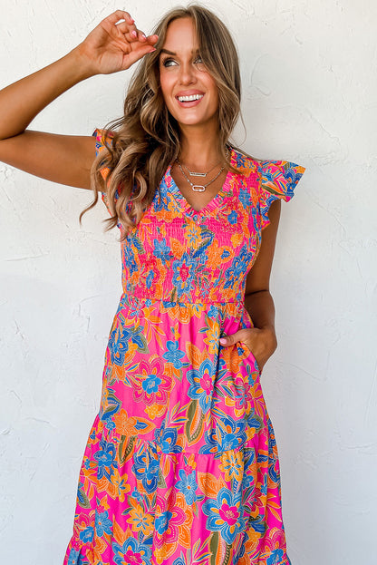 Rosenrot boho floral v-ausschnitt rüschen gestreift langes kleid