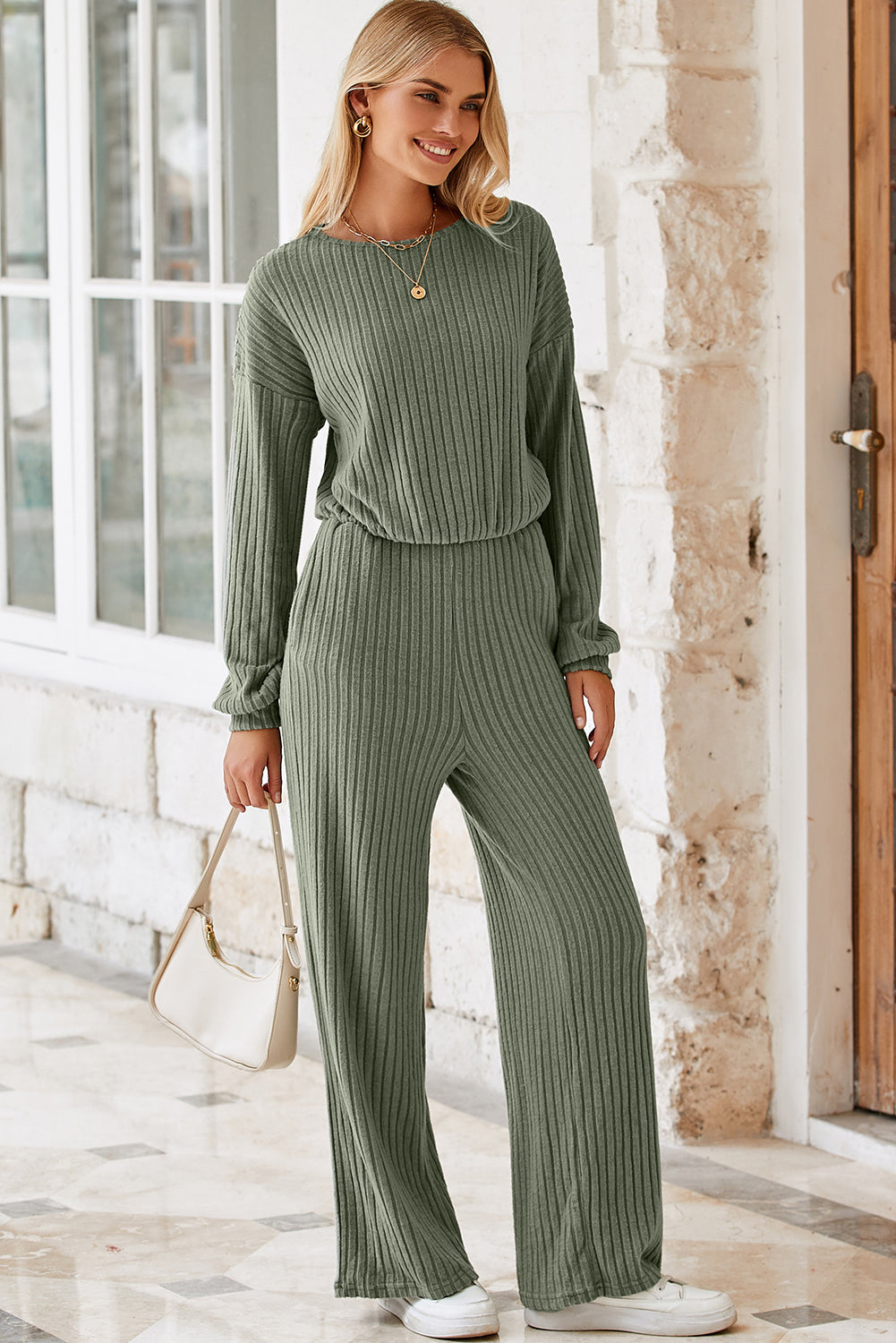 Lorbeergrüner vollrippstrick schlüsselloch zurück hohe taille jumpsuit