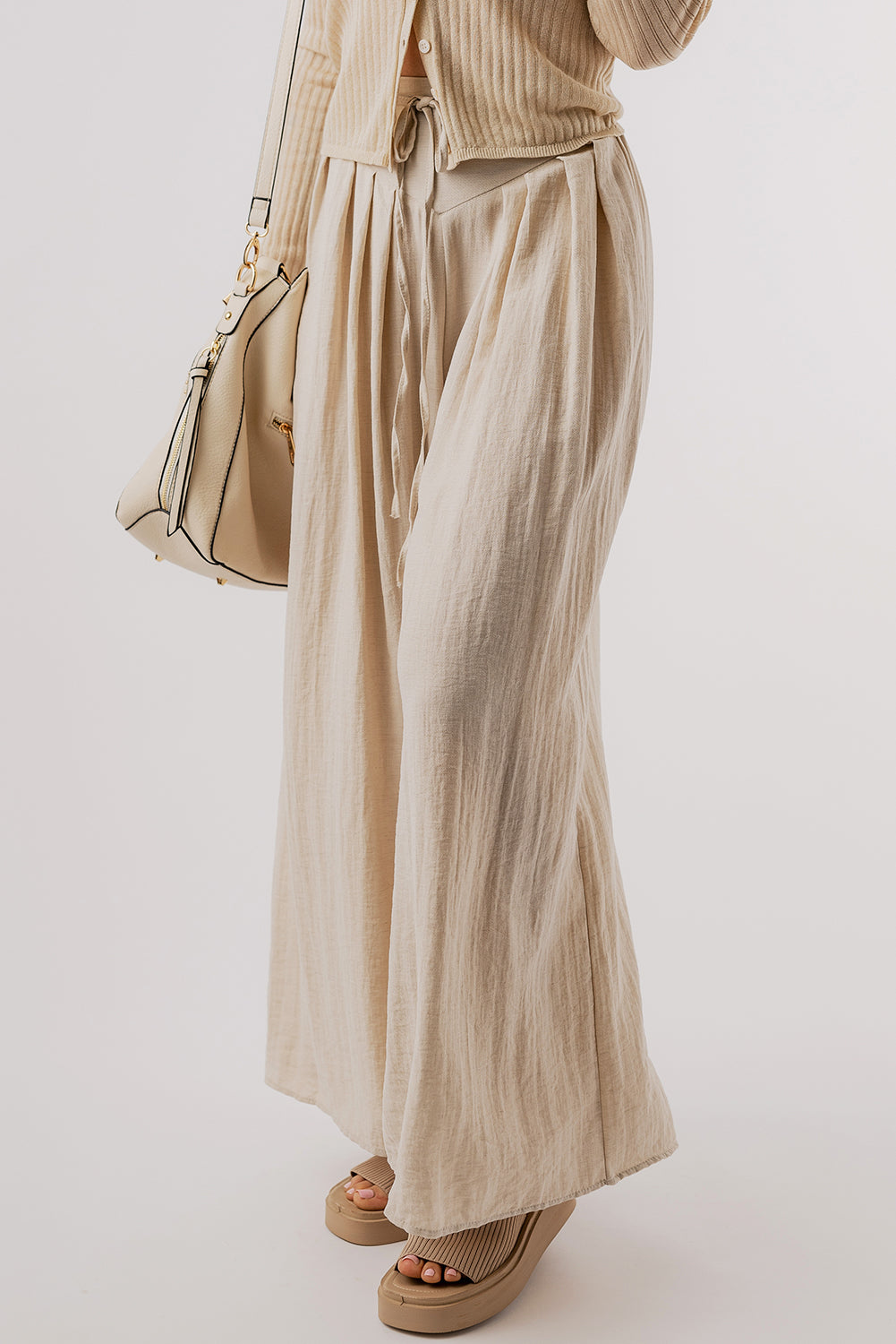 Beige kordelzug taille plissiert weites bein freizeithose