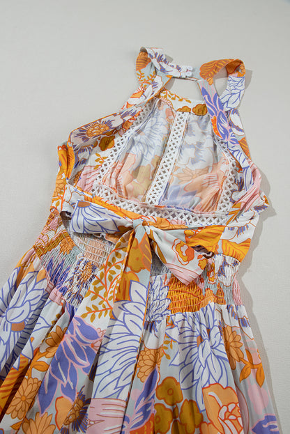 Orange boho floral rückenfreie spitze ärmelloses maxikleid