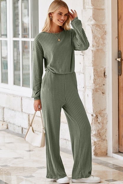 Lorbeergrüner vollrippstrick schlüsselloch zurück hohe taille jumpsuit