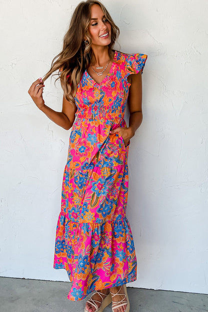 Rosenrot boho floral v-ausschnitt rüschen gestreift langes kleid