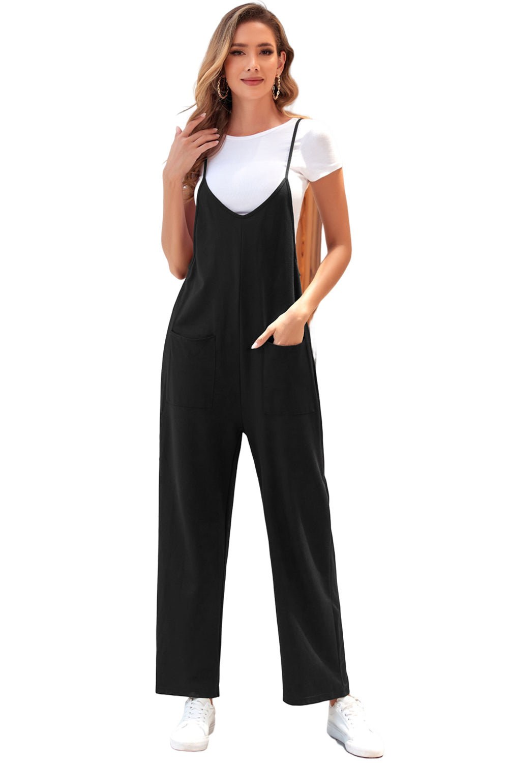 Schwarzer pocketed adjustable spaghetti strap straight leg jumpsuit