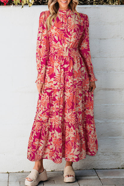 Geknöpftes maxikleid mit rosa blumenmuster und hoher taille