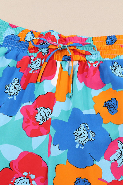 Mehrfarbige abstrakte florale druck kordelzug breite taille hose