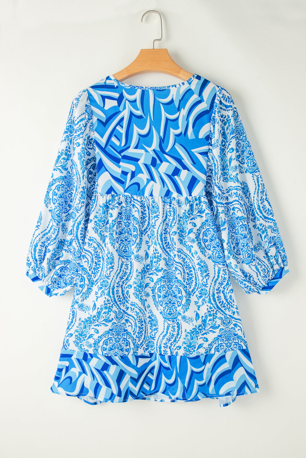 Himmelblau bohemian print puff sleeve tied v neck flared mini dress