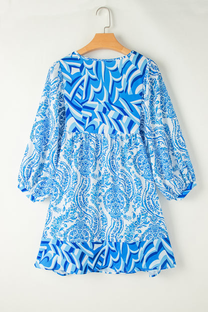 Himmelblau bohemian print puff sleeve tied v neck flared mini dress