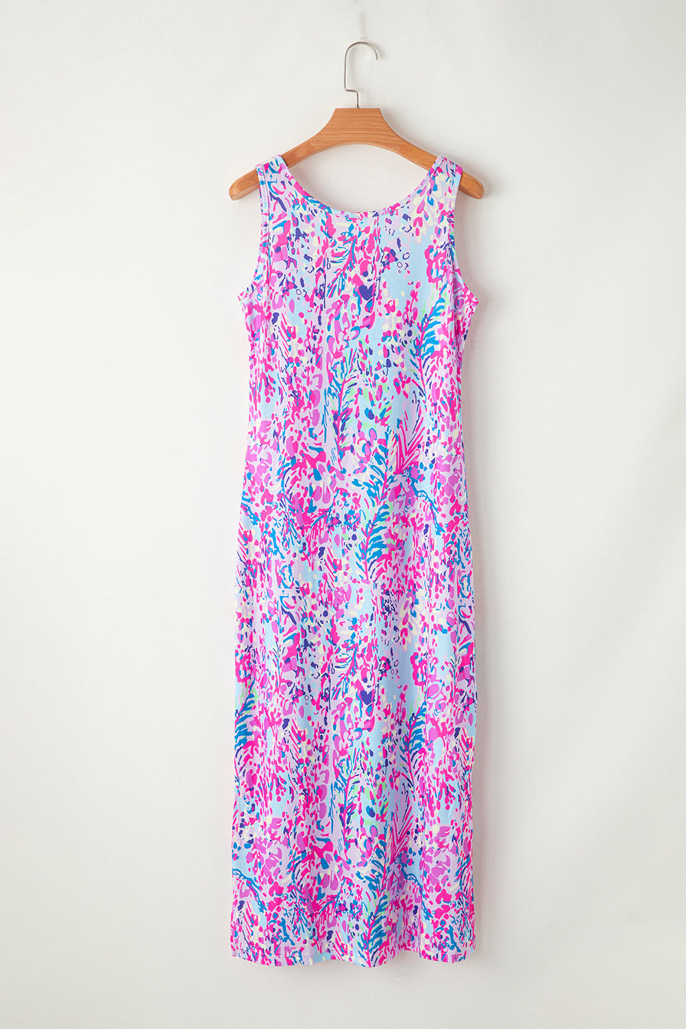 Lila abstrakter Blumendruck ärmelloses Maxikleid