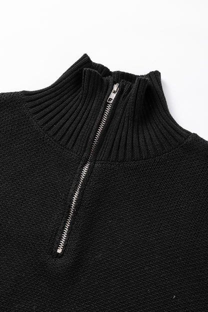 Schwarzer quarter zip pullover mit kurzen fledermausärmeln