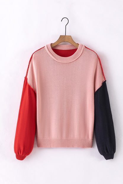 Rosa Colorblock Pullover mit gerippten Ärmeln