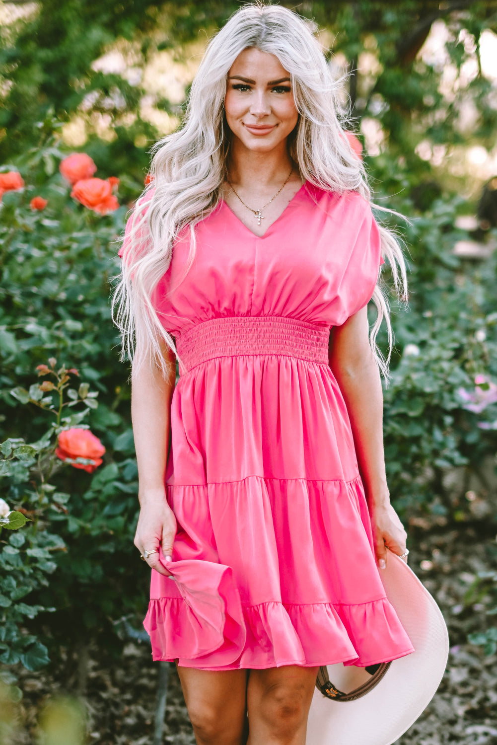 Strawberry pink geraffte ärmel v-ausschnitt smock taille gerafftes kleid