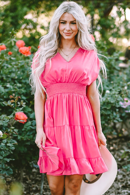 Strawberry pink geraffte ärmel v-ausschnitt smock taille gerafftes kleid