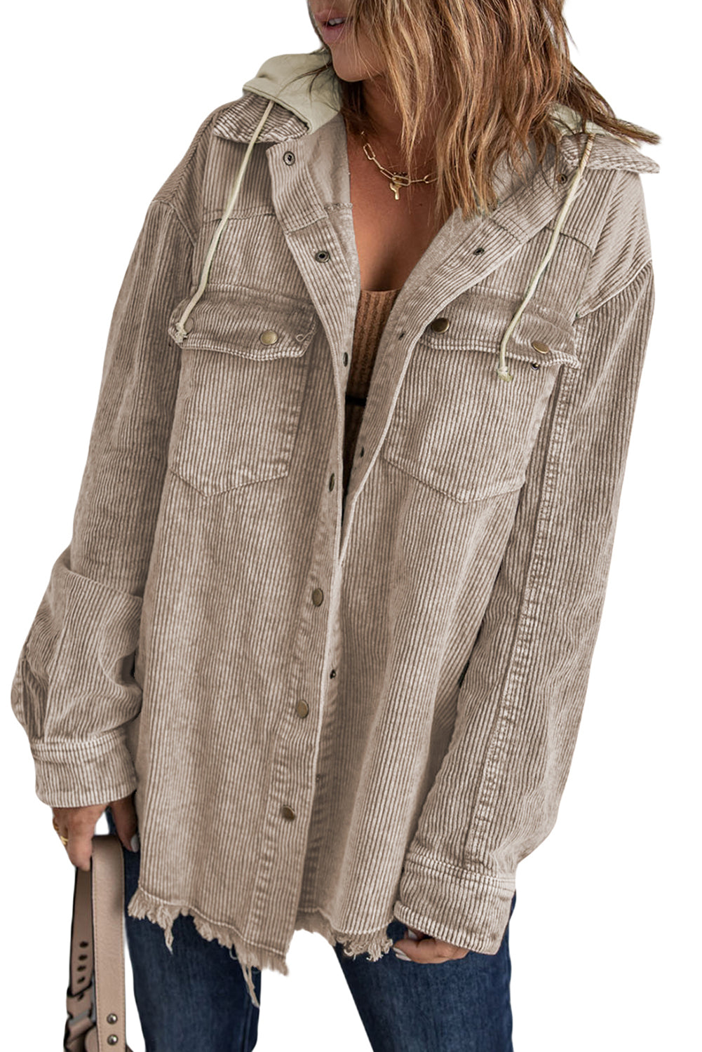 Khakifarbene patchwork-kapuzenjacke aus cord