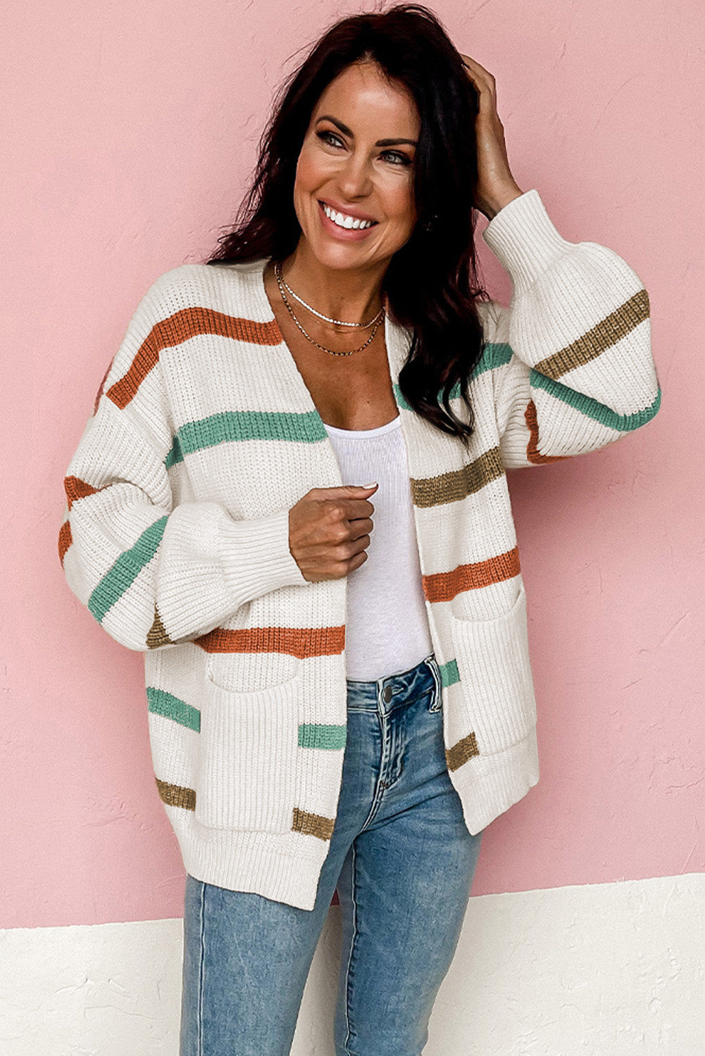 Beige drop shoulder pullover cardigan mit streifen