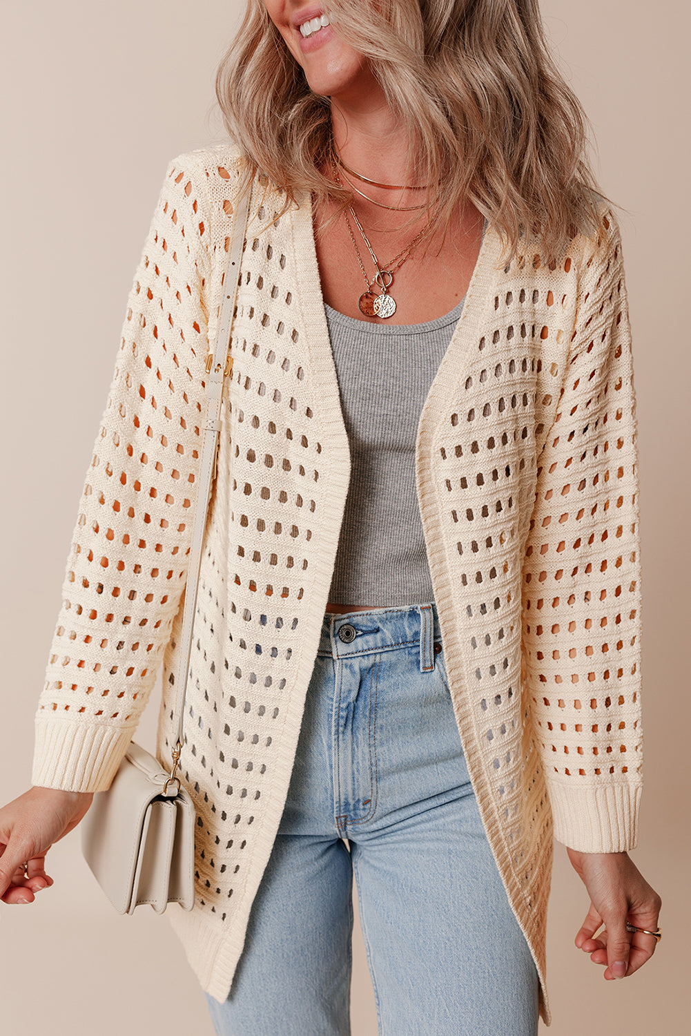 Aprikosenfarbener, offen gestrickter duster cardigan