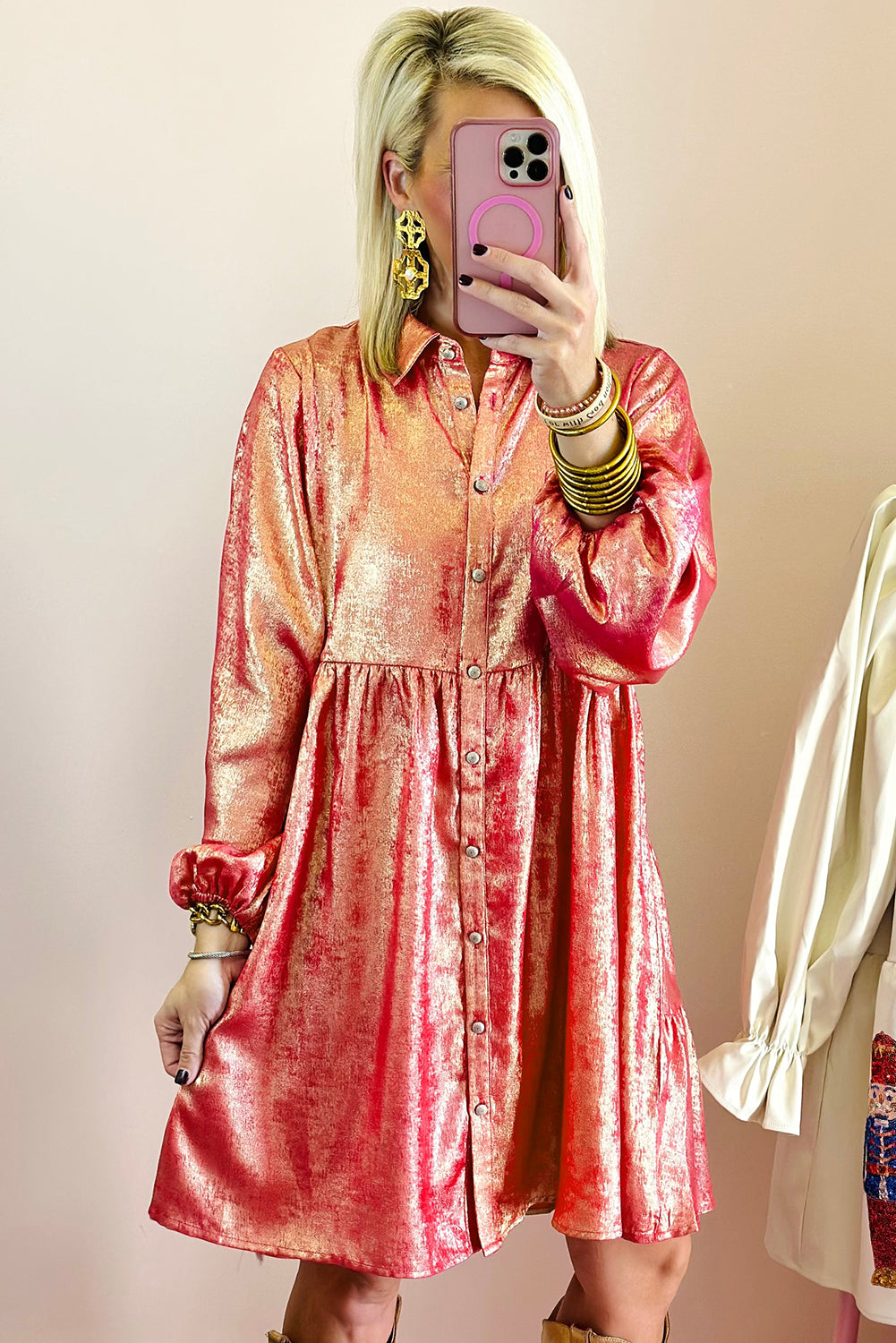 Peach blossom metallic sheen puffärmel button up mini shirt kleid