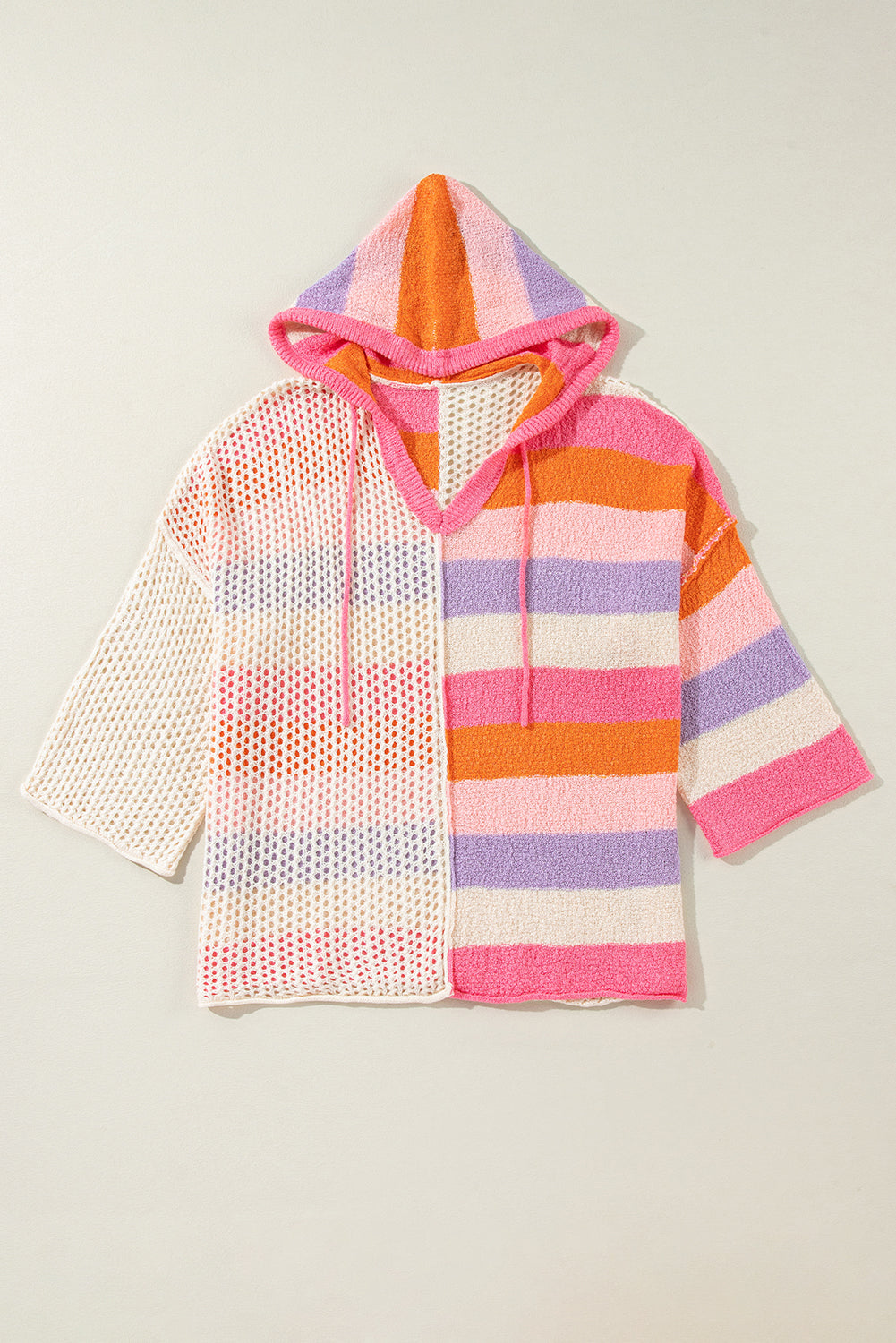 Rosa übergroßer colorblock-pullover mit v-ausschnitt und kapuze