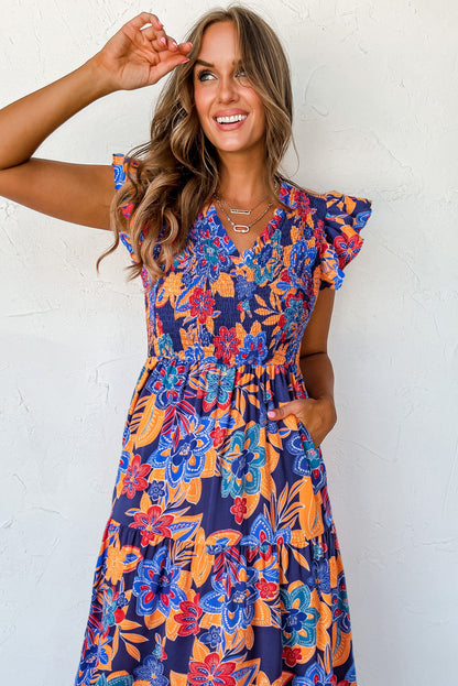 Dunkelblau boho floral v-ausschnitt rüschen gestreiftes langes kleid
