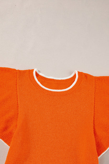 Russet orange kontrast trim rüschen ärmel gestrickt top