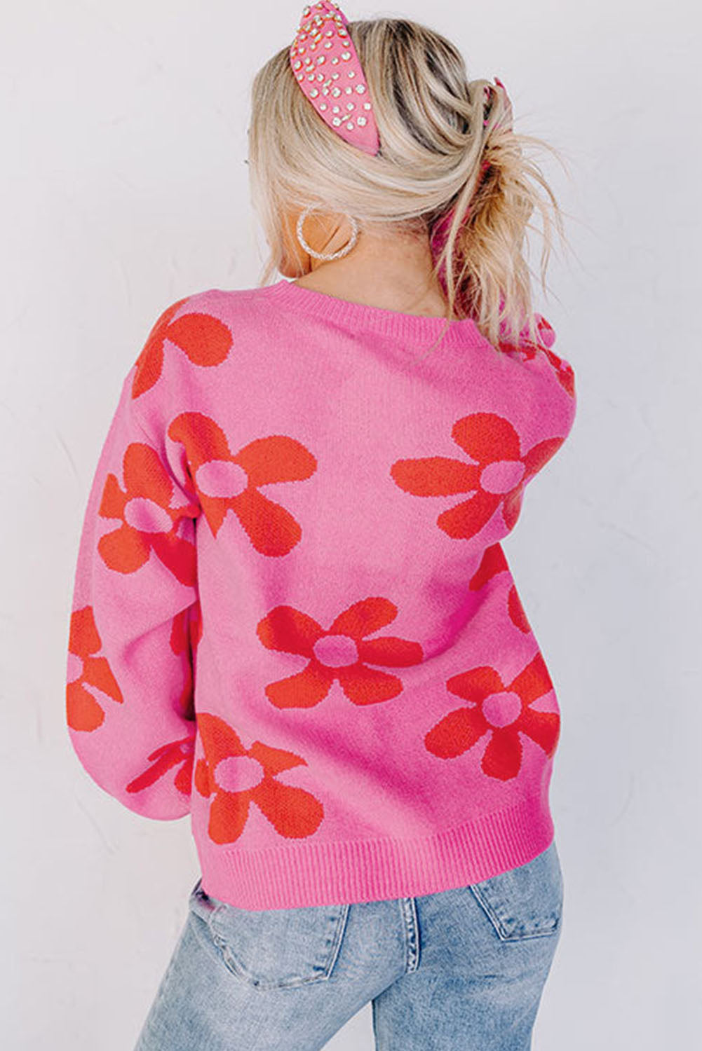 Rose big flower strickpullover mit gerippten abschlüssen