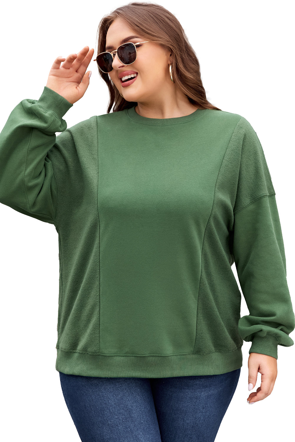 Grünes Sweatshirt Damen in Übergröße mit Rundhalsausschnitt Damen