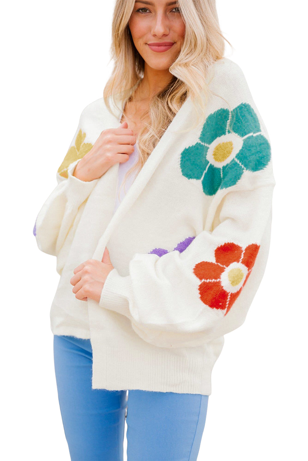 Weiße blume jacquared bubble sleeve open cardigan
