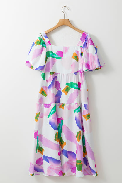 Lila Abstraktes Print Puffärmel Midikleid mit gesmoktem Rücken