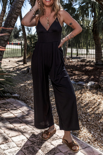 Schwarzes weites bein mit hoher taille sexy v-ausschnitt cami jumpsuit