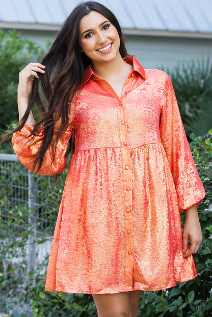 Peach blossom metallic sheen puffärmel button up mini shirt kleid