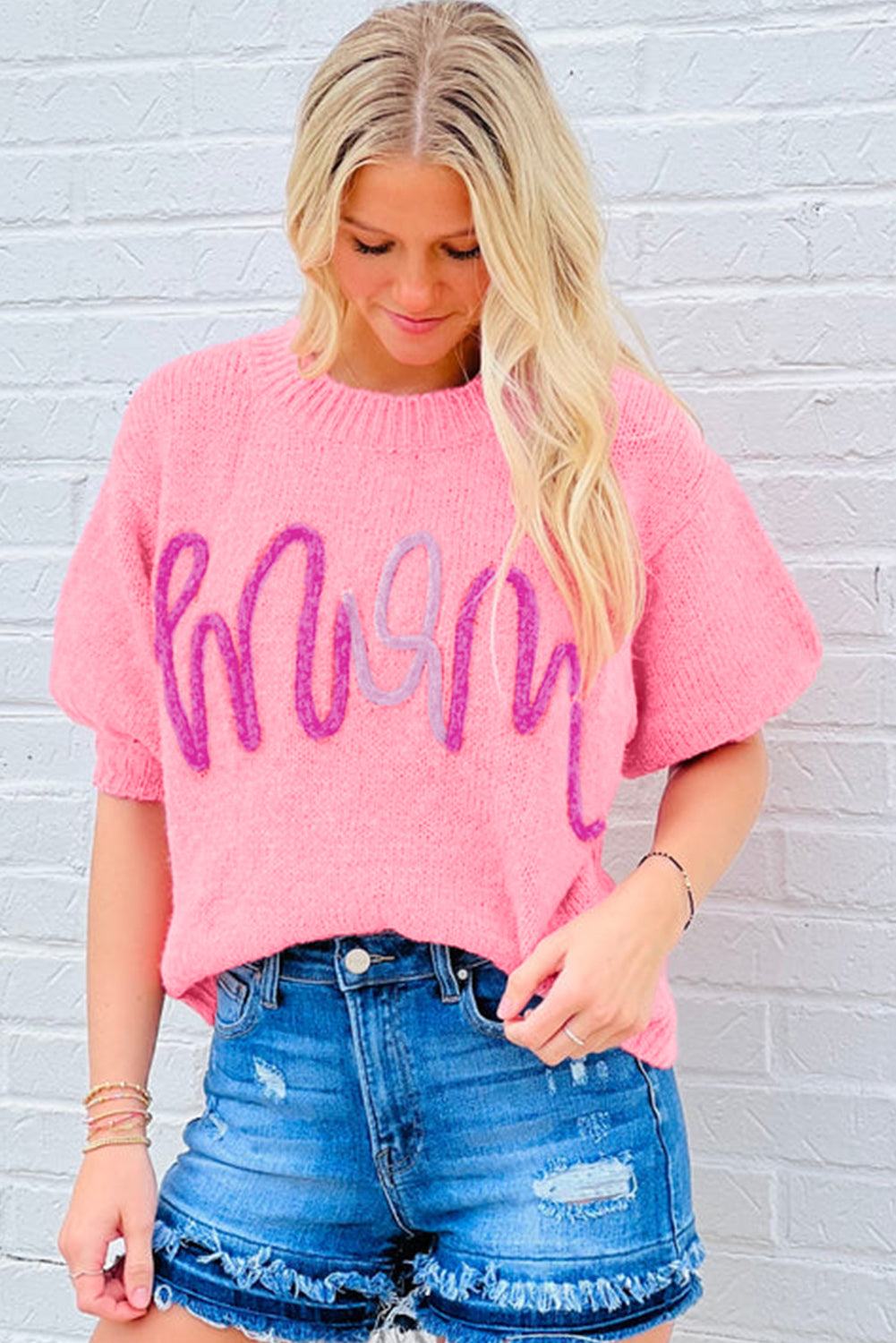 Bonbon mom tinsel front short sleeve pullover