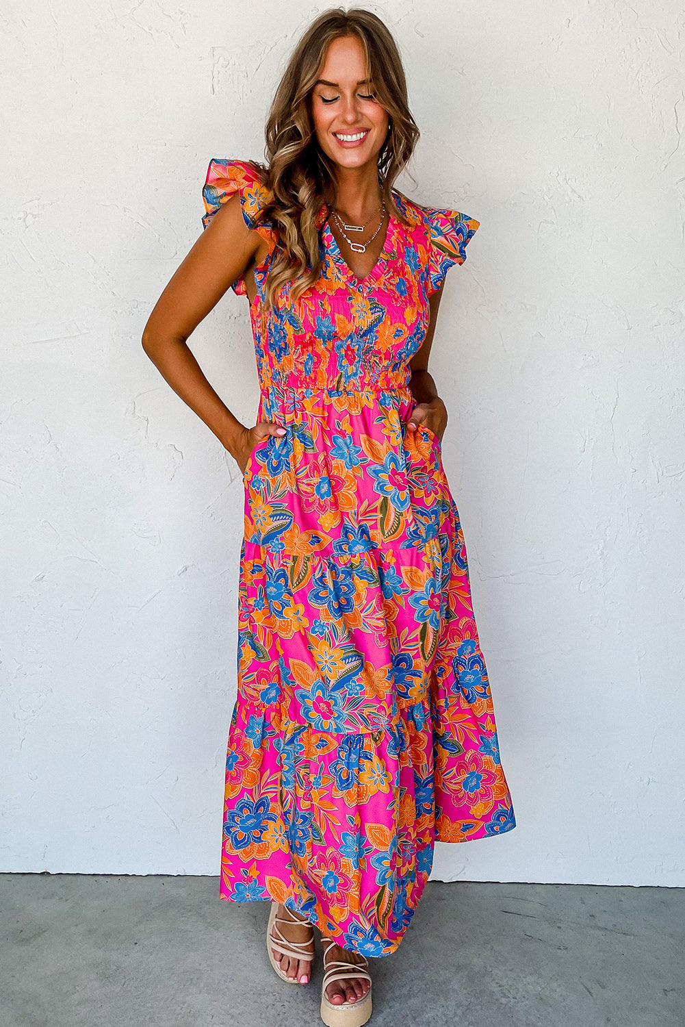 Rosenrot boho floral v-ausschnitt rüschen gestreift langes kleid