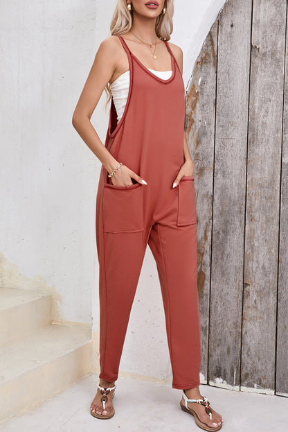 Gold flamme seitentaschen haremshose ärmelloser v-ausschnitt jumpsuit