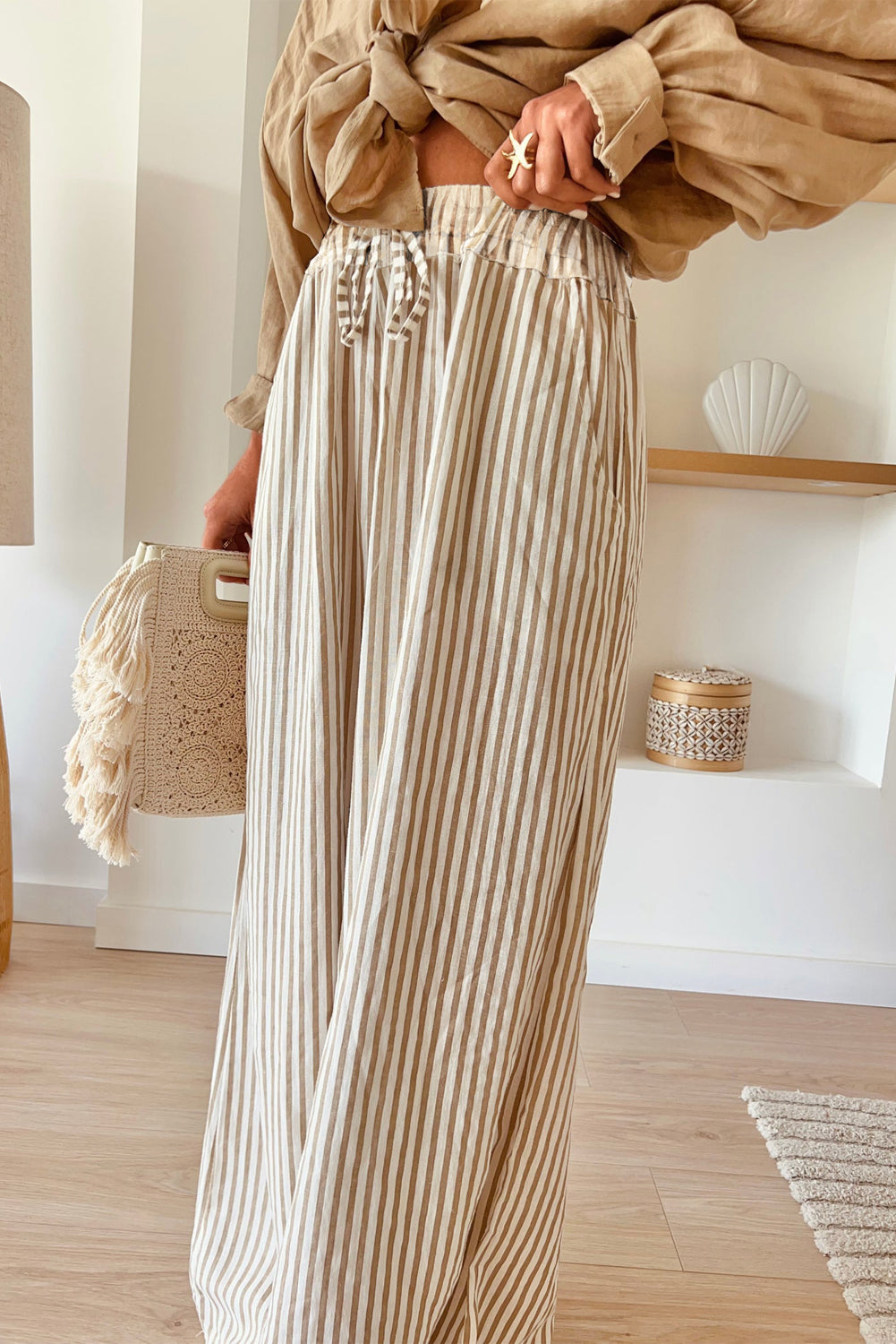 Khaki streifendruck weite hose mit kordelzug