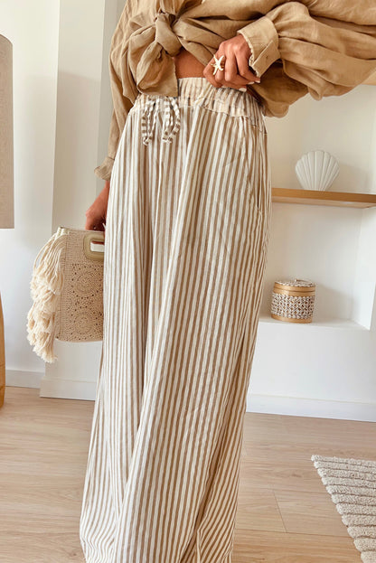 Khaki streifendruck weite hose mit kordelzug