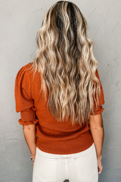 Gold flame textured knit bubble sleeve square neck top