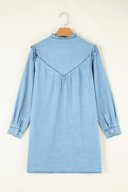 Myosotis Geraffter V-Ausschnitt Geknöpftes Shift-Denim-Kleid