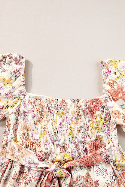 Khaki floral kurzarm minikleid mit quadratischem ausschnitt