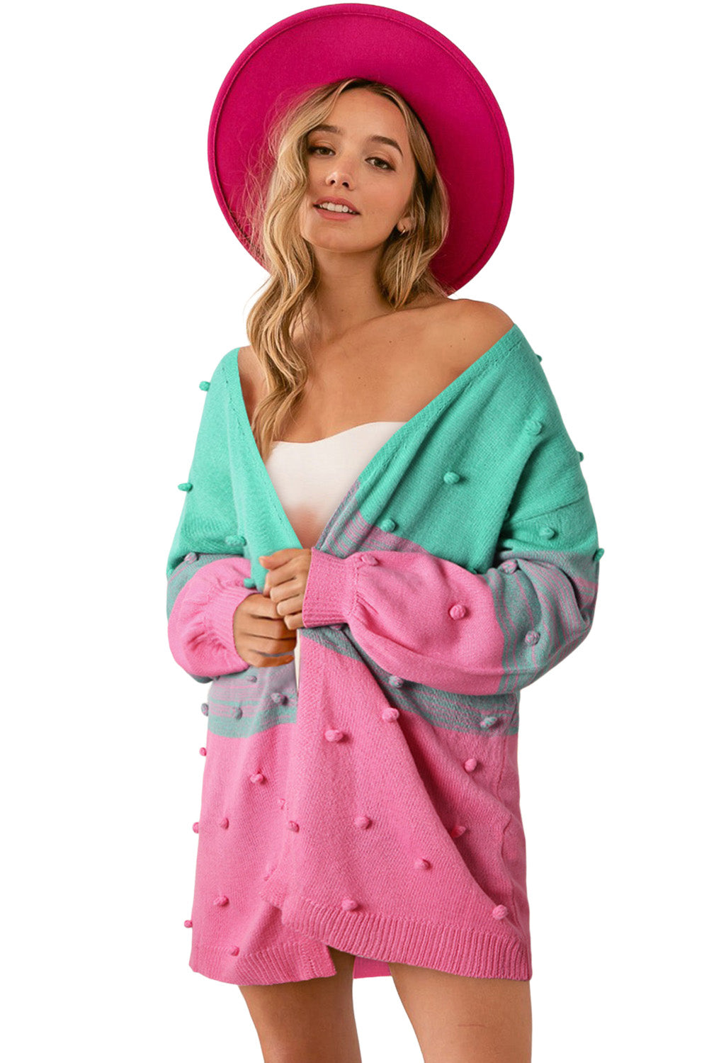 Rose pompom color block open front strickjacke