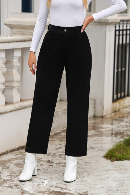 Schwarze cordhose mit hoher taille und geradem bein