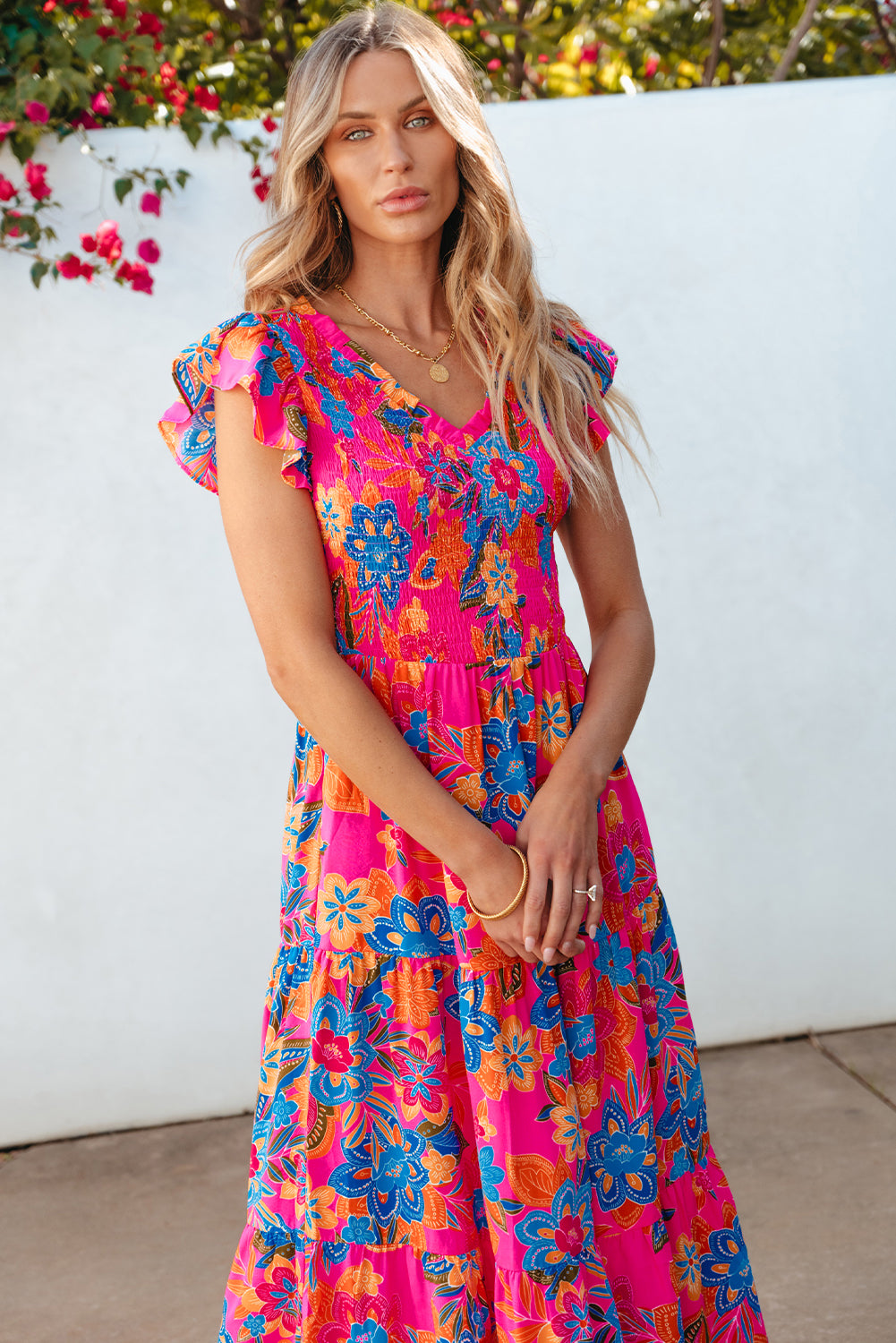 Rosenrot boho floral v-ausschnitt rüschen gestreift langes kleid
