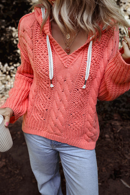 Gold flame cable knit v neck kontrast pullover mit kapuze und kordelzug